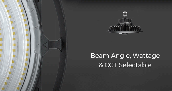 Close-up of UFO LED High Bay light showing adjustable beam angle and customizable wattage and color temperature options