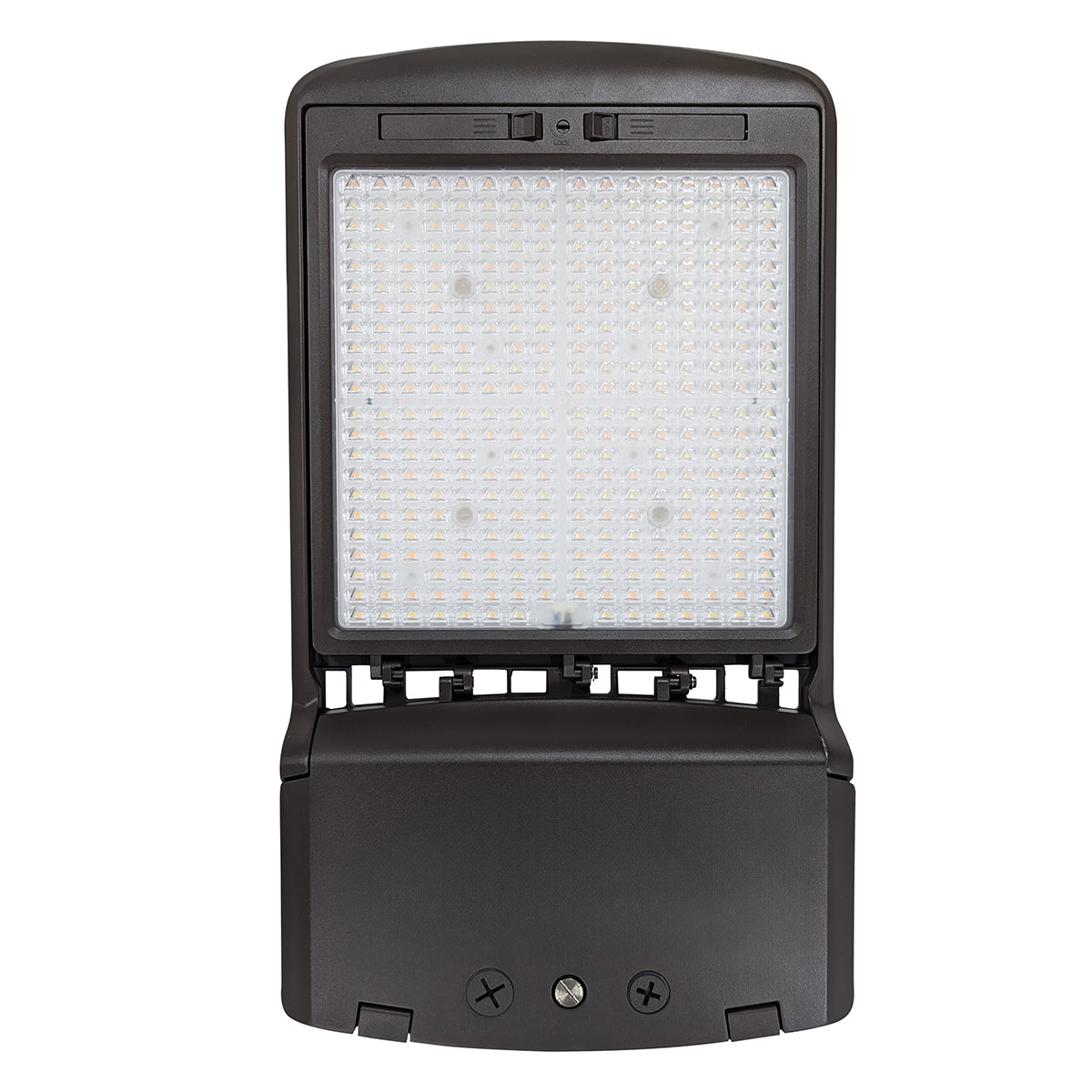 LED Shoebox Area Light featuring 3 CCT options with swappable optics and adjustable 300/250/200W settings