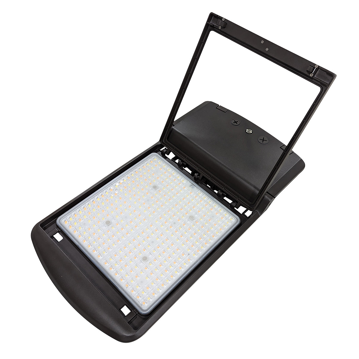 LED Shoebox Area Light 3 CCT with swappable optics showing internal LED panel and open casing