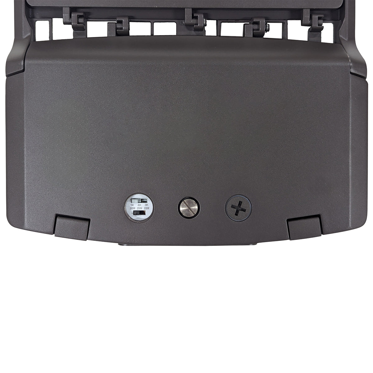 Close-up view of LED Shoebox Area Light showing controls for wattage and color temperature adjustments