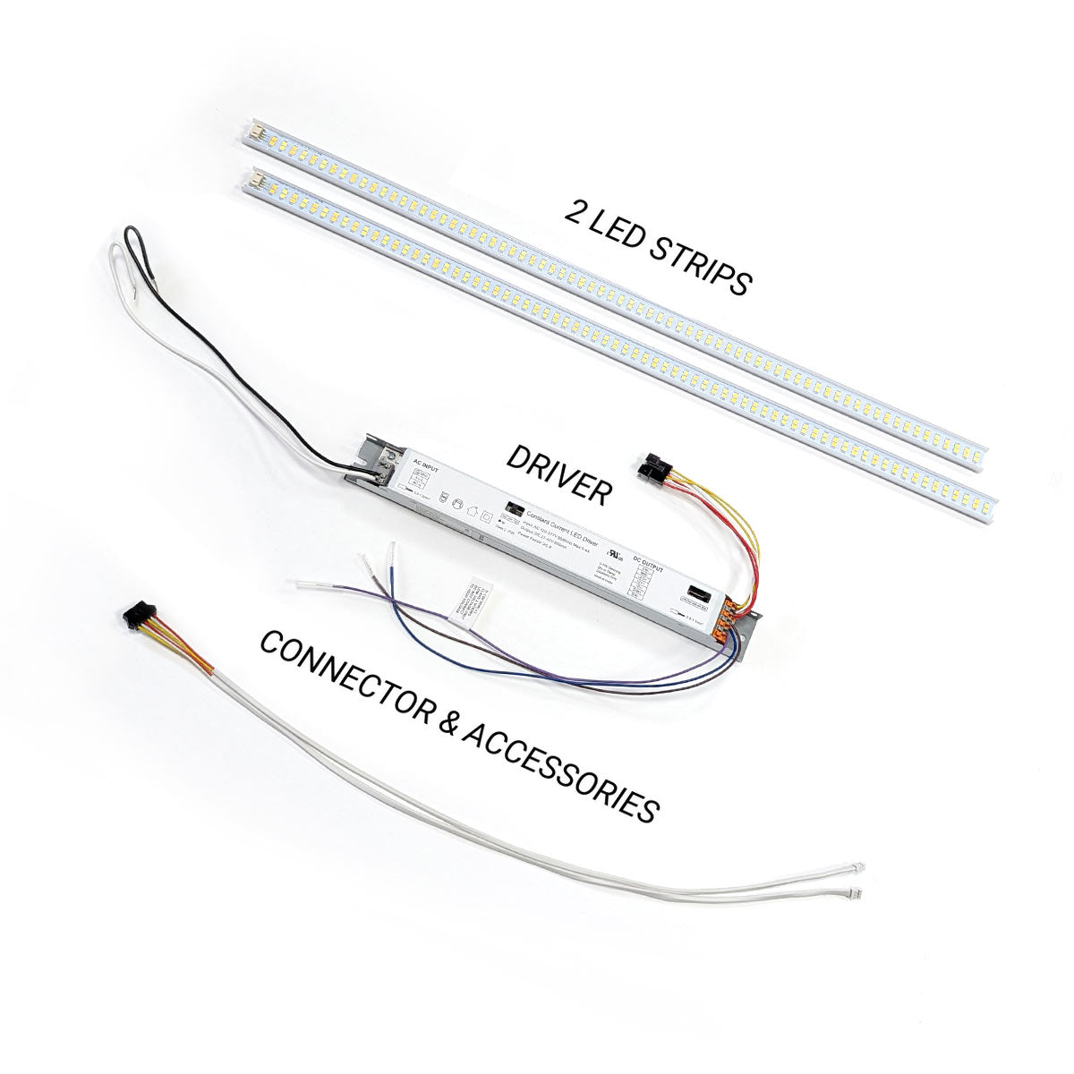 LED Magnetic Retrofit Kit for 2x2 Troffer showing two LED strips driver and connector accessories on white background