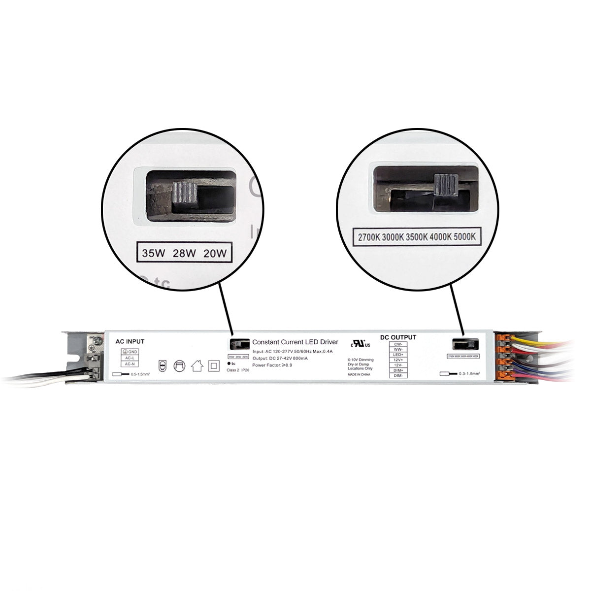 LED High Lumen Magnetic Retrofit Kit driver showing power and color temperature switch options for 2x4 troffer.