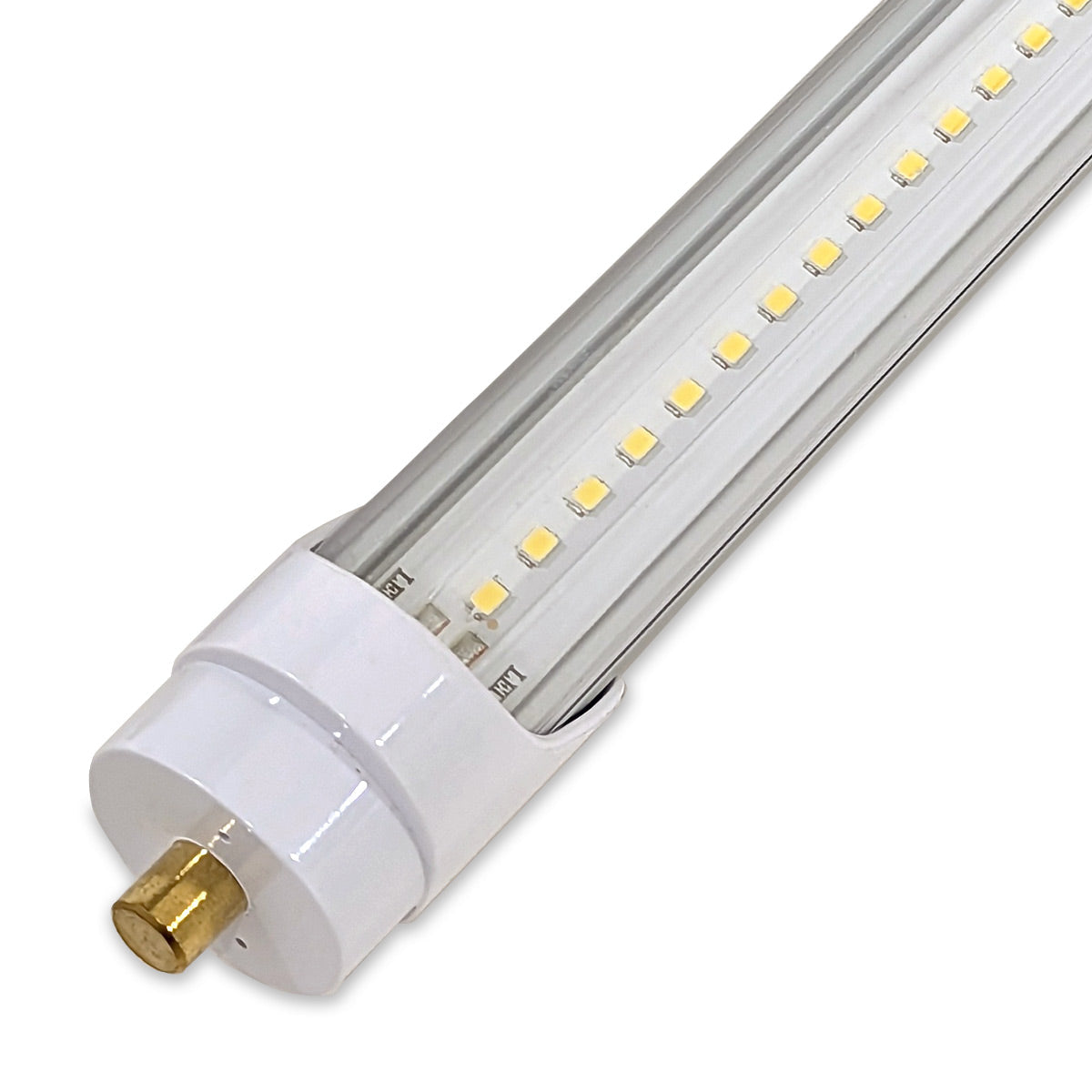 Close-up of an 8ft LED Tube 40W 7,200 lm Ballast Bypass with clear lens and gold pin connector end cap