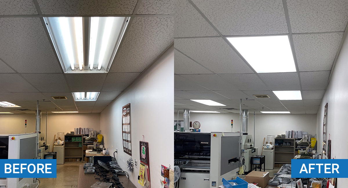 Sensaphone's PC assembly line with fluorescent troffers upgraded to LED using LED panel lights