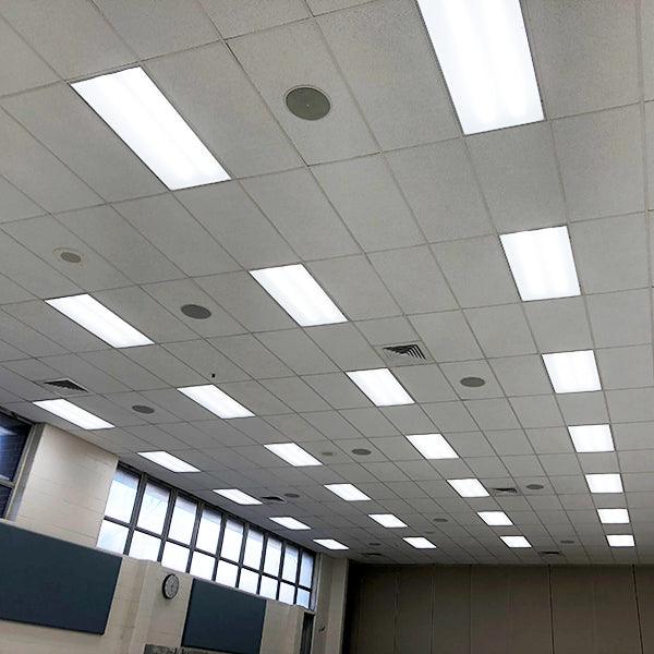 Bluford school gymnasium ceiling with suspended grid ceiling and LED retrofitted fluorescent troffers