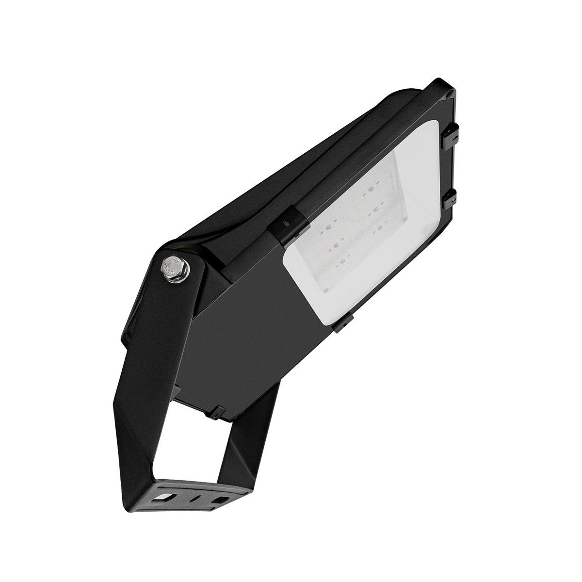 LUX LED Flood Light in black housing with adjustable trunnion mount bracket shown against white background