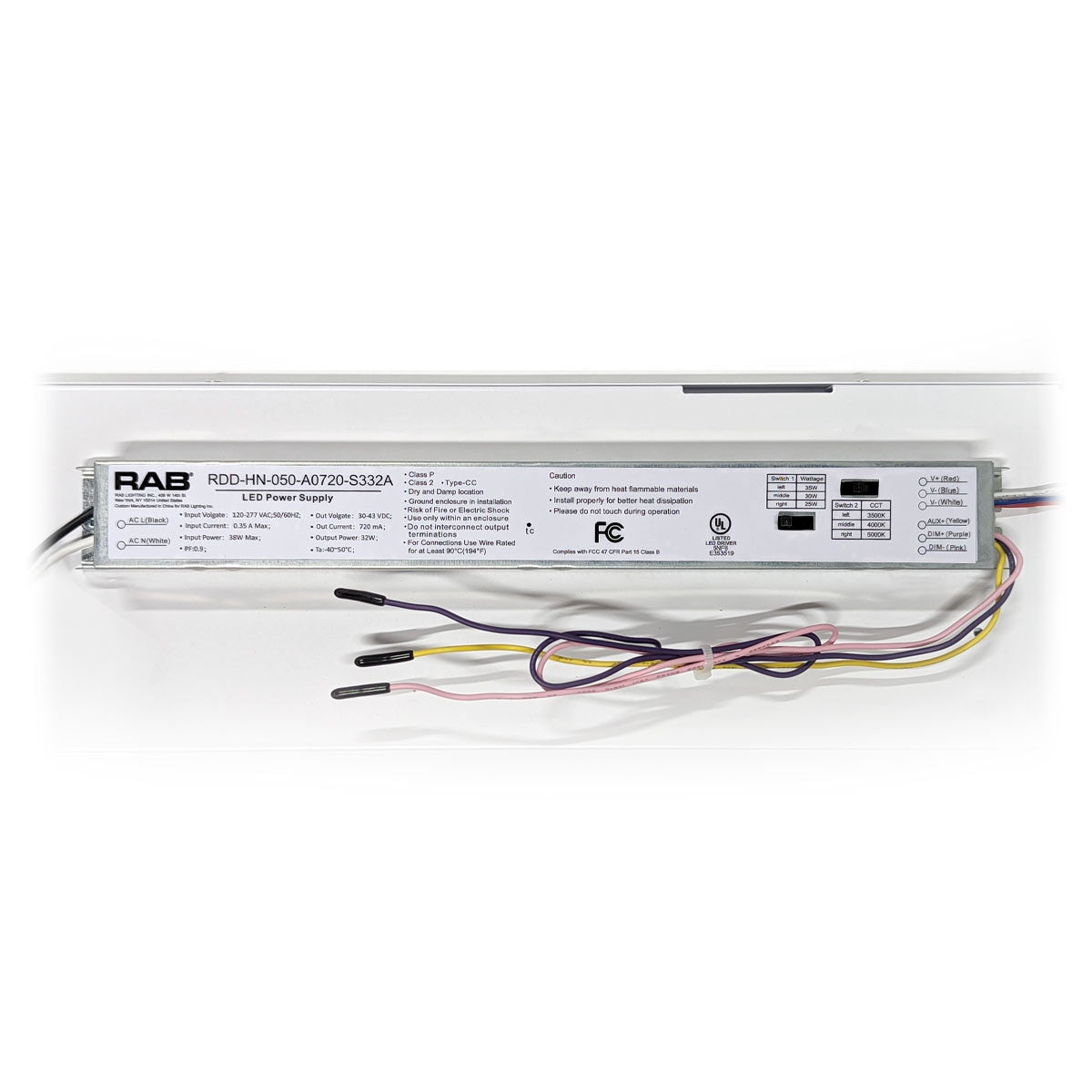 RAB LED power supply for 2x4 LED Troffer Retrofit 3 CCT 25W 30W 35W model with wiring connectors shown