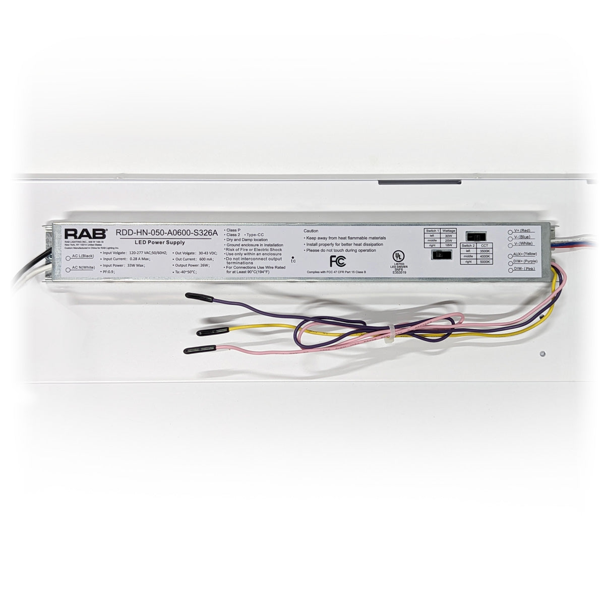 RAB RTLED LED power supply for 2x2 LED Troffer Retrofit with multiple wire connections visible on white background