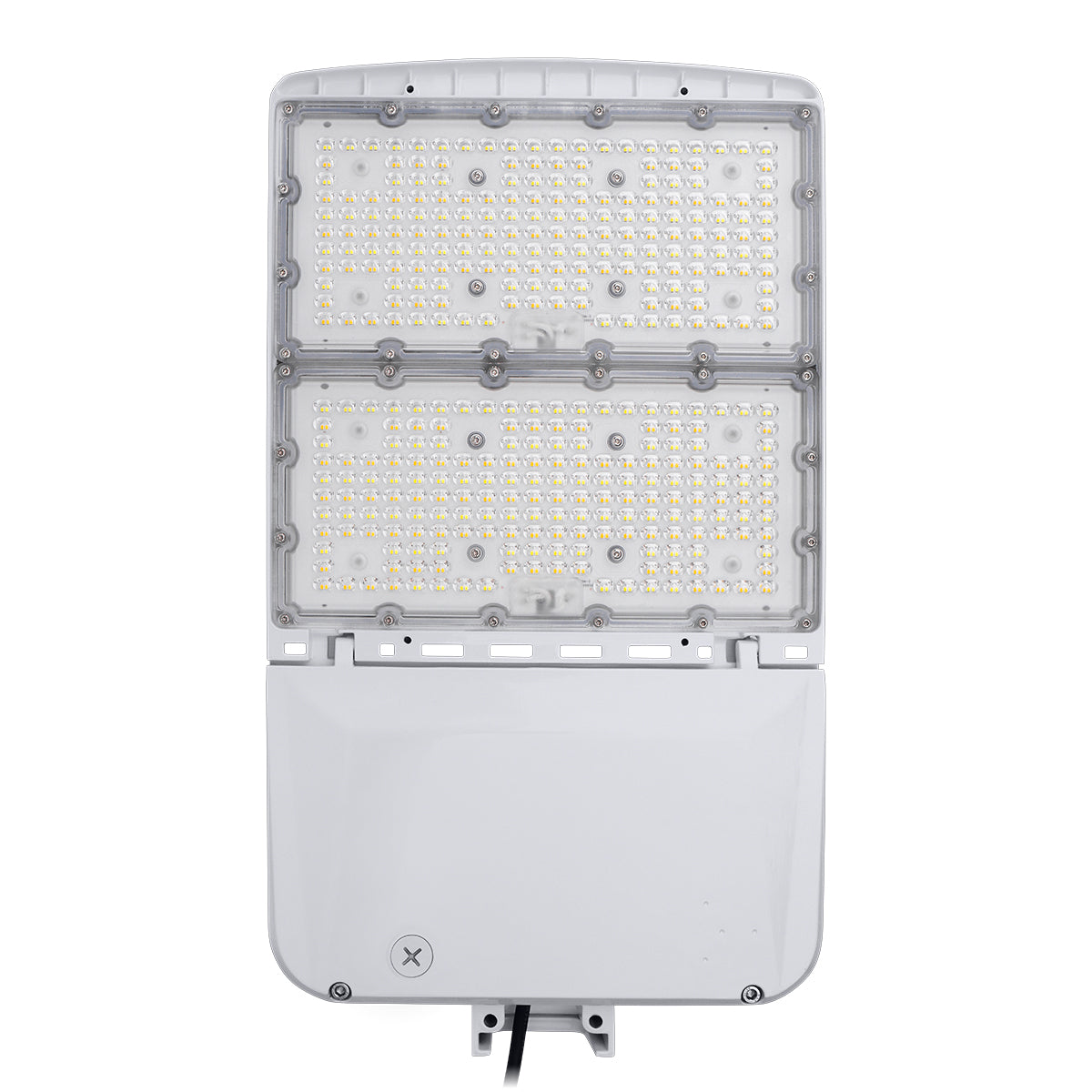 Front view of LED Shoebox Area Light - 3 CCT - 310/280/260/240W showing LED array and white casing.