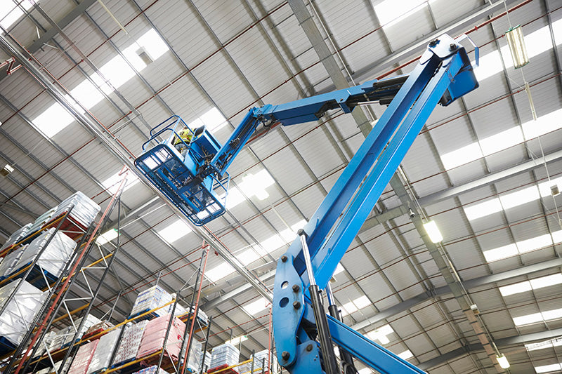 Warehouse interior with skylights and LED linear high bay lights providing low-maintenance uniform illumination across facility