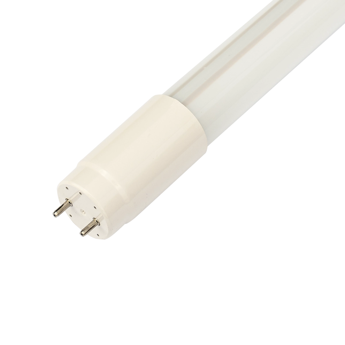 Close-up of a 4ft LED Tube 14W Type B light bulb with two-pin base for energy-efficient lighting retrofit projects