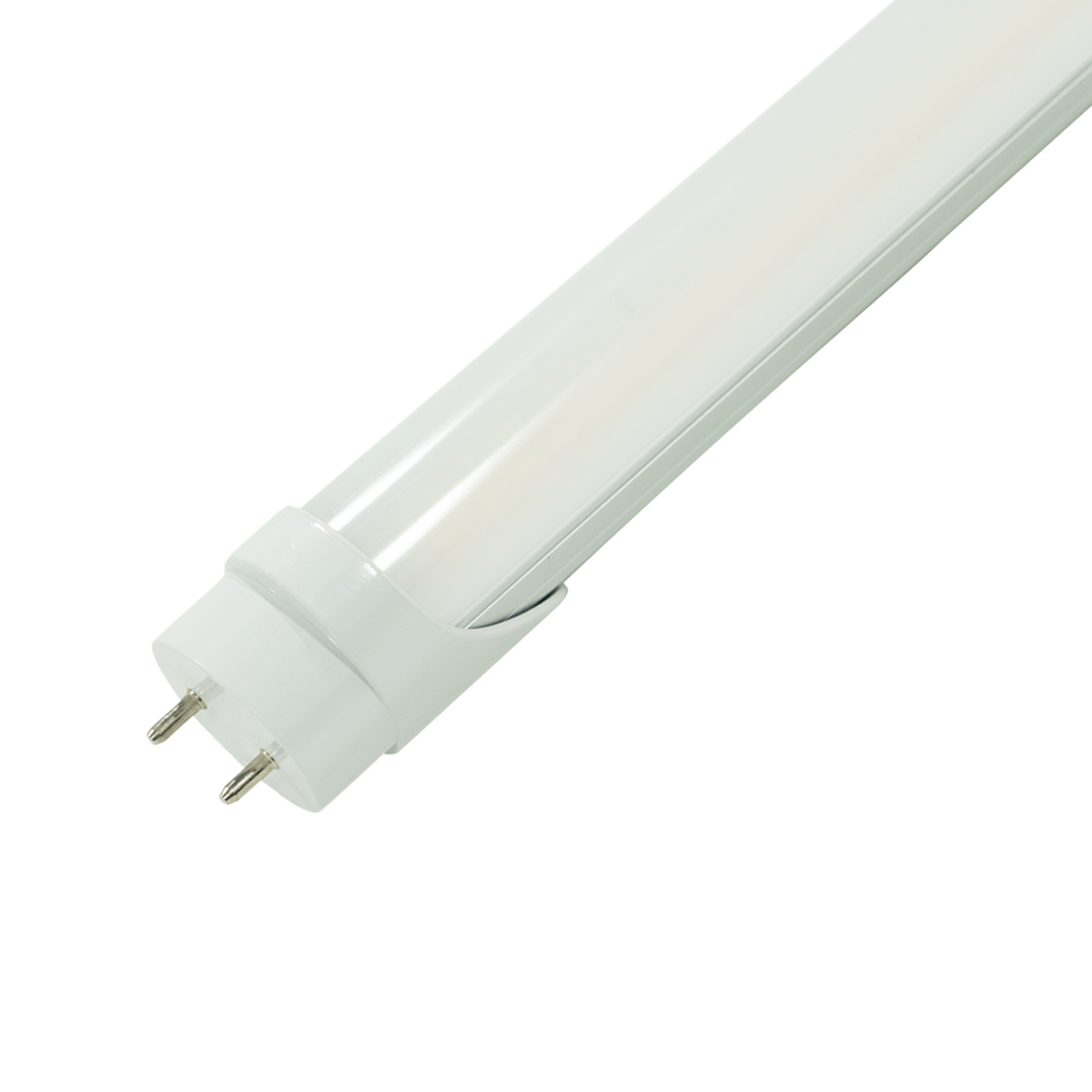 Close up of a ballast-bypass LED tube with G13 bi-pin endcap