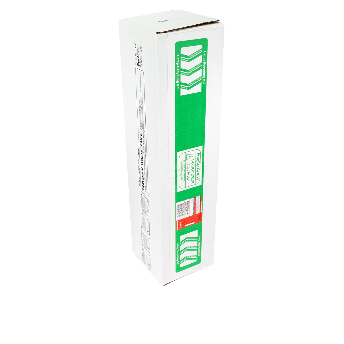 Jumbo Recycling Kit for 4ft Fluorescent Tubes with recyclable box and mercury-proof liner for safe disposal.