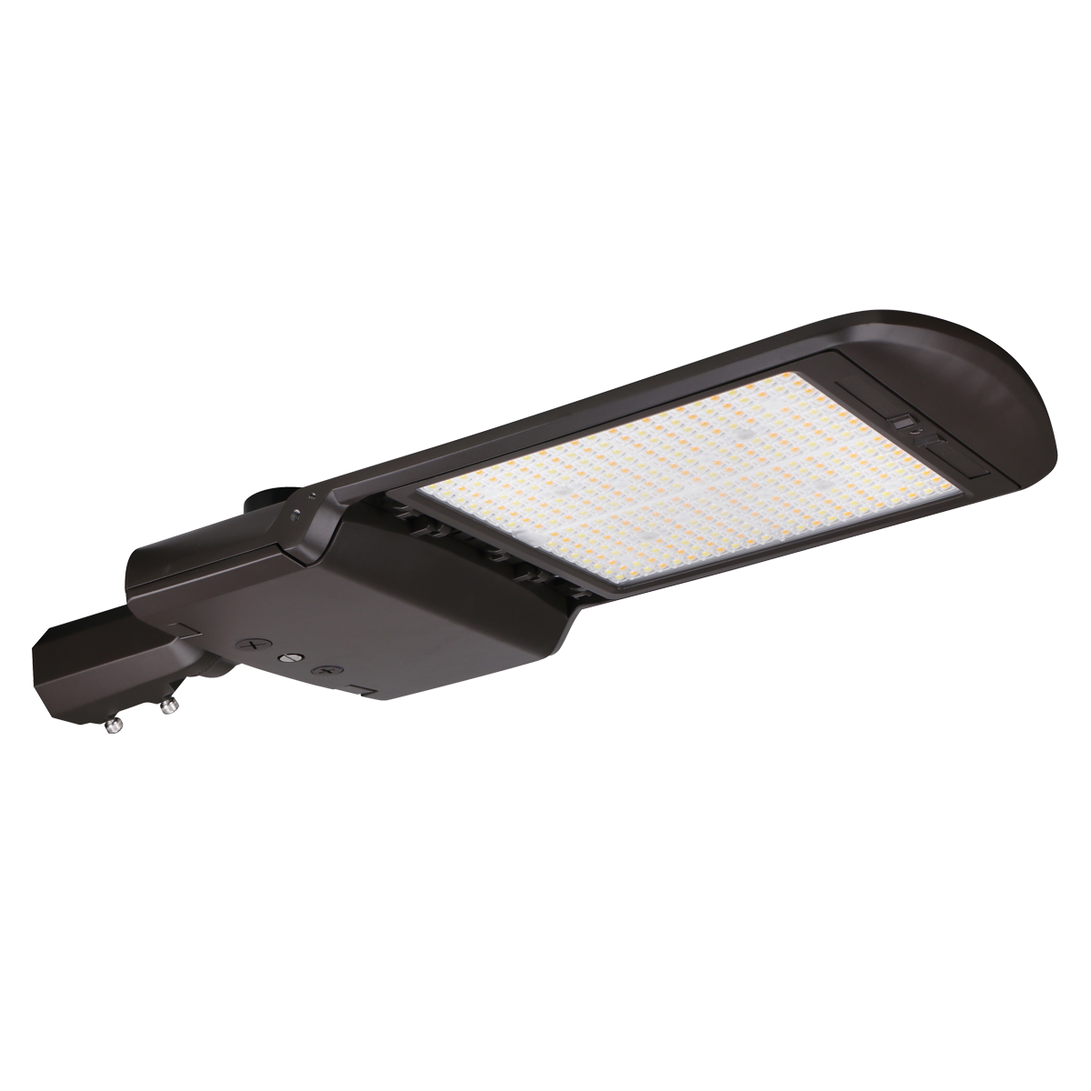 LED Shoebox Area Light with adjustable color temperature and swappable Type 3 and Type 5 optics in dark finish