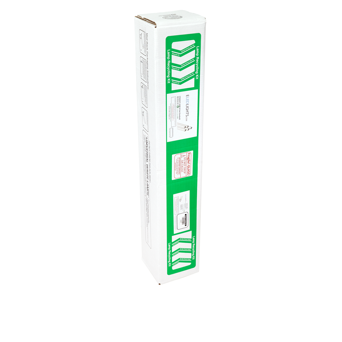 Recycling Kit for 4ft Fluorescent Tubes box with green labels showing packing and shipping instructions.