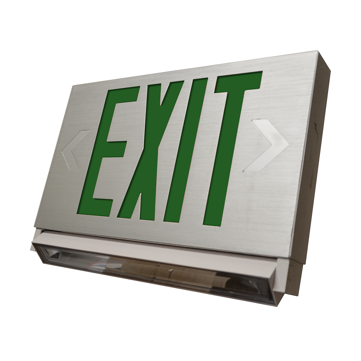 Slim LED Exit Sign and Emergency Light Combo by MaxLite with customizable chevrons and sleek metal finish