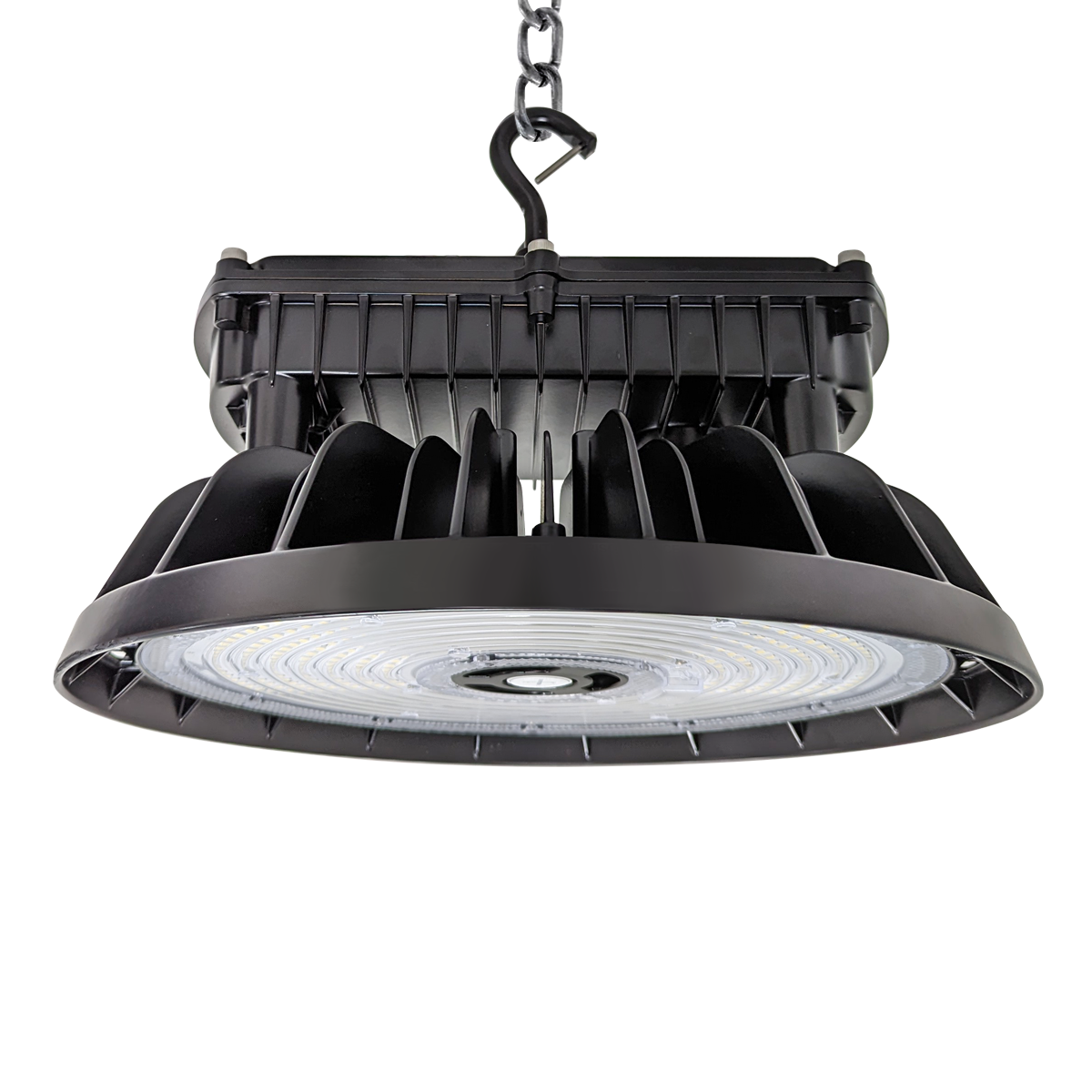 UFO LED High Bay 310/270/240W industrial light fixture with heat sink and hanging chain mount for large spaces