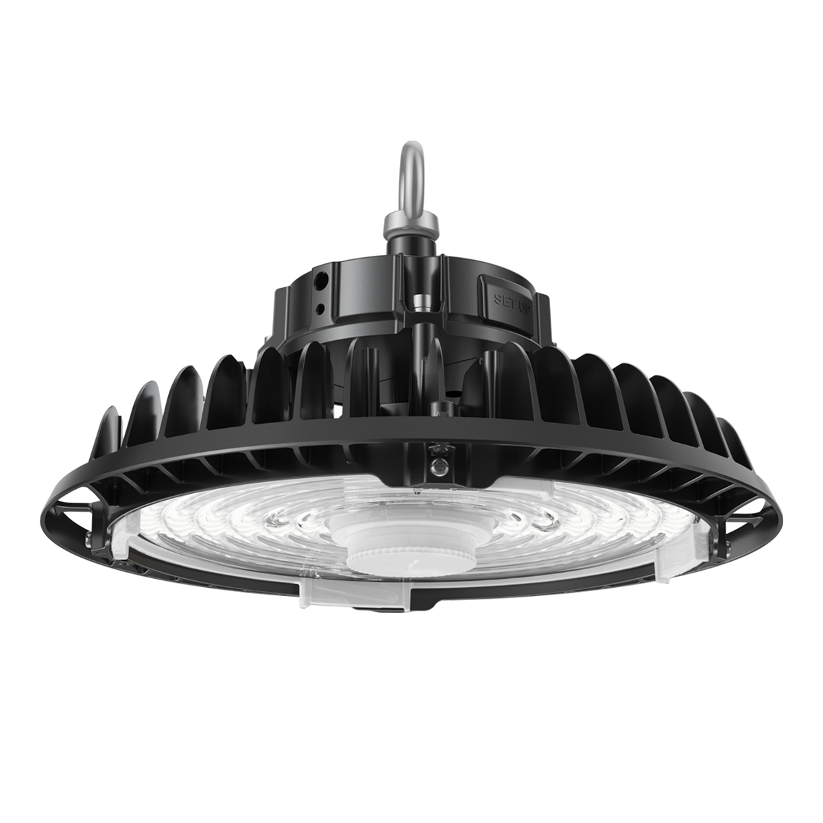 Black circular LED high bay light fixture with a hook for hanging and visible cooling fins on top